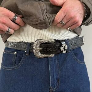 Y2K Vintage Black Chrome Crosses Belt – Silver Grunge Unisex Style, New